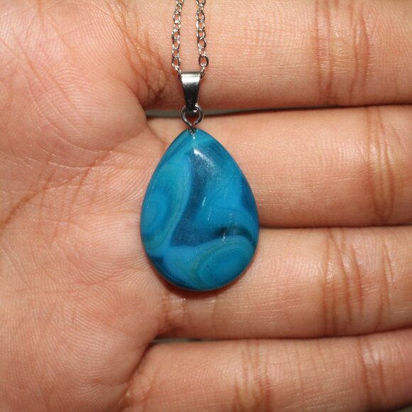 Blue Teardrop Stone Pendant Necklace – Polished Natural Look, Silver Chain - Picture 7 of 7